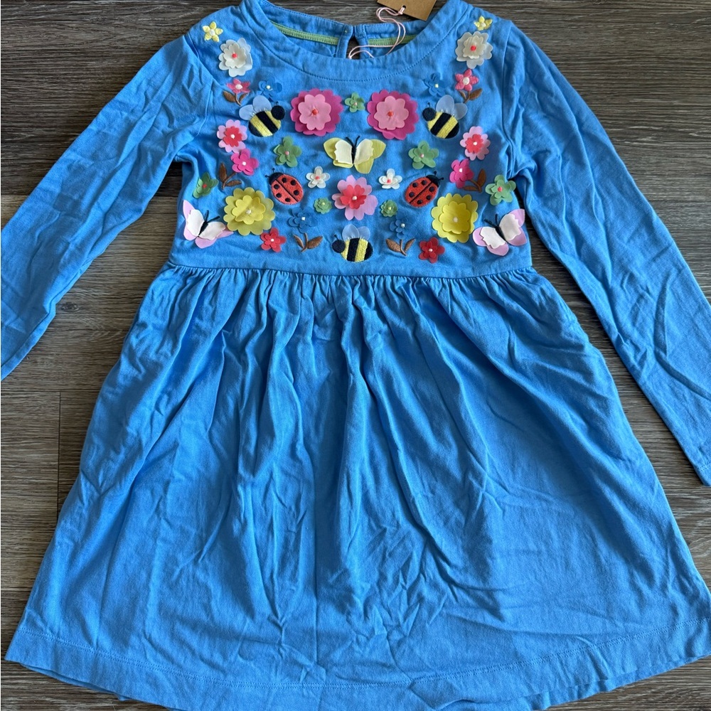 NWT Mini Boden Blue Long Sleeve Dress with Butterfly Embroidery